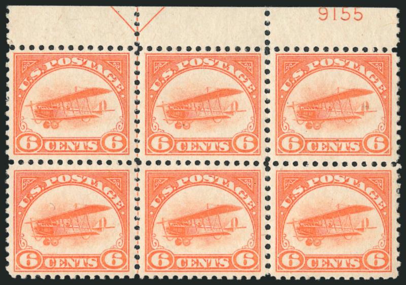 6c Orange, 1918 Air Post (C1).> Top arrow and plate no. 9155 block of six, single faint hinge mark, hard to find and appears Mint N.H., bright color, Fine-Very Fine