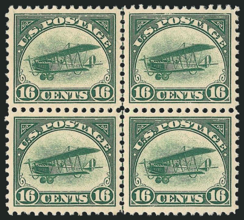 16c Green, 1918 Air Post (C2).> Block of four with vertical guide line in center, top pair hinged, bottom pair Mint N.H., natural gum skips affecting the hinged pair, Extremely Fine