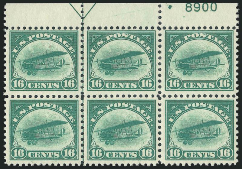 16c Green, 1918 Air Post (C2).> Top arrow and plate no. 8900 block of six, four stamps Mint N.H., left and center stamps at top are lightly hinged, rich color, Fine-Very Fine