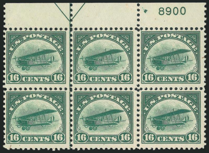 16c Green, 1918 Air Post (C2).> Top arrow and plate no. 8900 block of six, lightly hinged, pos. 6 natural inclusion speck, Fine