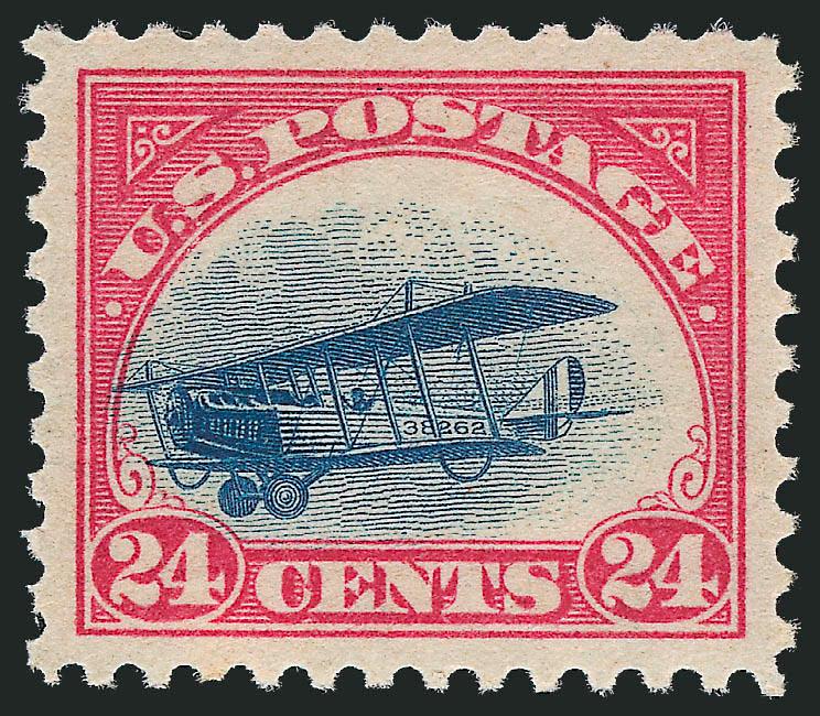 24c Carmine Rose & Blue, 1918 Air Post (C3).> Mint N.H., brilliant colors, vignette shifted slightly forward, wide and balanced margins, Extremely Fine Gem, with 2009 P.S.E. certificate (XF-Superb 95 SMQ
$410.00)