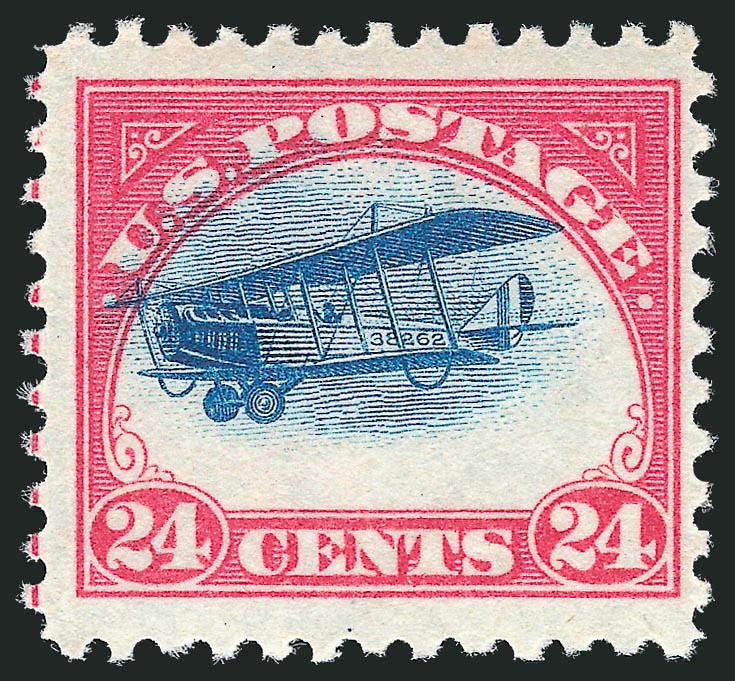 24c Carmine Rose & Blue, 1918 Air Post (C3).> Five, one Mint N.H., one disturbed original gum, one with huge bottom s.e. (short perf), variety of vignette displacements incl. Fast Plane (wing into frame at
left) and Low Plane (wheels into bottom