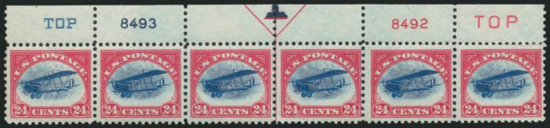 24c Carmine Rose & Blue, 1918 Air Post (C3).> Top arrow, double plate nos. 84928493 and two TOP strip of six, four stamps Mint N.H., side stamps h.r., light natural gum skips, Fine-Very Fine
