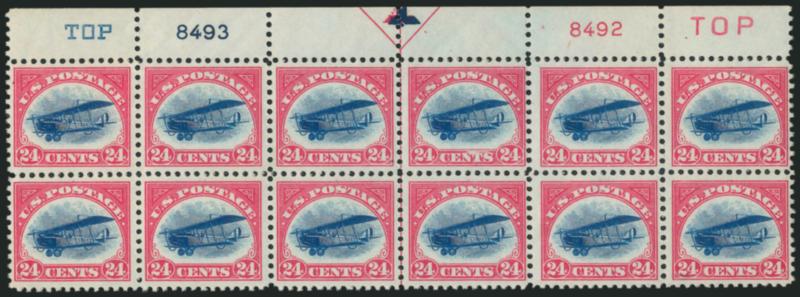 24c Carmine Rose & Blue, 1918 Air Post (C3).> Top arrow, double plate nos. 84928493 and two TOP block of twelve, hinged in selvage, stamps Mint N.H., Very Fine. Scott Retail as twelve Mint N.H. singles