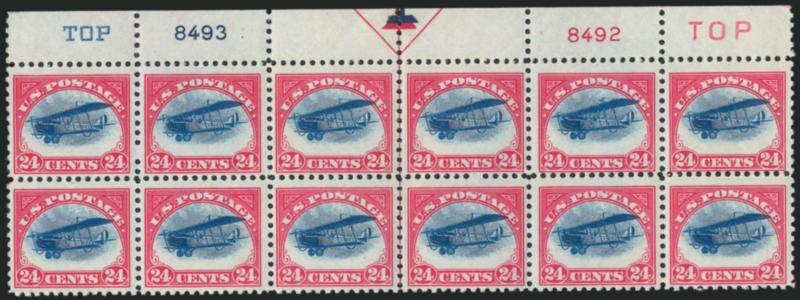 24c Carmine Rose & Blue, 1918 Air Post (C3).> Top arrow, double plate nos. 84928493 and two TOP block of twelve, lightly hinged in selvage only, stamps Mint N.H., some natural gum skips, Fine