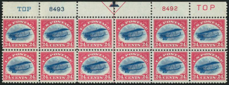 24c Carmine Rose & Blue, 1918 Air Post (C3).> Top arrow, double plate nos. 84928493 and two TOP block of twelve, couple tiny natural inclusions, minor selvage thin spot, otherwise Fine-Very Fine, pos. 5 Mint
N.H. and Extremely Fine
