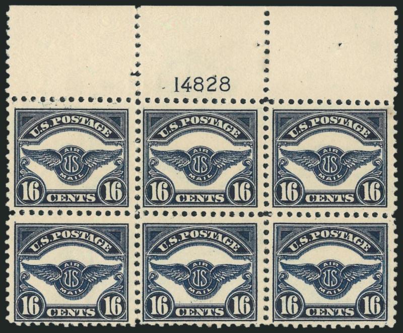16c Dark Blue, 1923 Air Post (C5).> Top plate no. 14828 block of six, hinged in selvage, stamps Mint N.H., strong impression showing layout lines and position dots above pos. 1-3, tiny light oily speck in right
margin of pos. 3, otherwise Fine-Very F