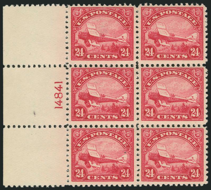 24c Carmine, 1923 Air Post (C6).> Mint N.H. left plate no. 14841 block of six, wide selvage, tiny natural inclusion, Fine-Very Fine