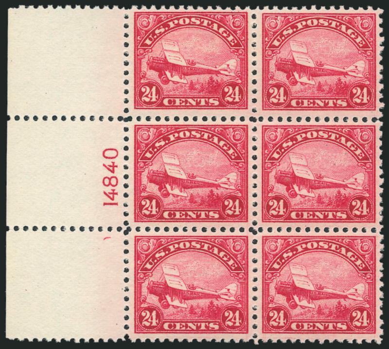 24c Carmine, 1923 Air Post (C6).> Left plate no. 14840 block of six, five stamps Mint N.H., top left stamp h.r., center right stamp tiny natural gum skip, Very Fine