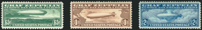 65c-$2.60 Graf Zeppelin (C13-C15).> Mint N.H., $2.60 small natural inclusion, fresh and Extremely Fine set, each with 2010 P.F. certificate, (C13 XF-Superb 95, C14 VF-XF 85)