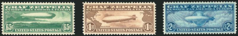 65c-$2.60 Graf Zeppelin (C13-C15).> Mint N.H., 65c light 7mm natural gum crease, otherwise Extremely Fine, other two Extremely Fine and with 2009 P.S.E. certificates, each graded XF 90 for an aggregate SMQ
value of $2,175.00, $2.60 also with 1984 P.F