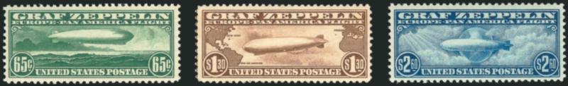 65c-$2.60 Graf Zeppelin (C13-C15).> First and last Mint N.H., $1.30 lightly hinged and with tiny gum toning specks, otherwise Very Fine