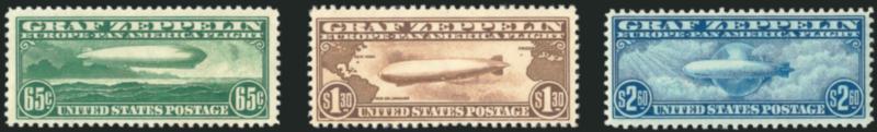 65c-$2.60 Graf Zeppelin (C13-C15).> $1.30 minor natural gum bend and skips, Fine-Very Fine