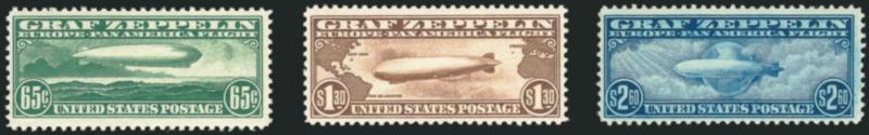 65c-$2.60 Graf Zeppelin (C13-C15).> 65c and $2.60 Mint N.H., $1.30 barely hinged, rich colors, Fine set