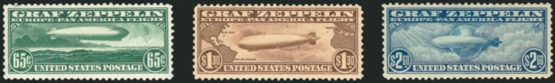 65c-$2.60 Graf Zeppelin (C13-C15).> $2.60 h.r., 65c regummed and natural gum crease, $1.30 small corner crease at top left, otherwise Fine