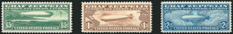 65c-$2.60 Graf Zeppelin (C13-C15).> $1.30 gum crease, $2.60 tiny thin spot, Very Fine appearance