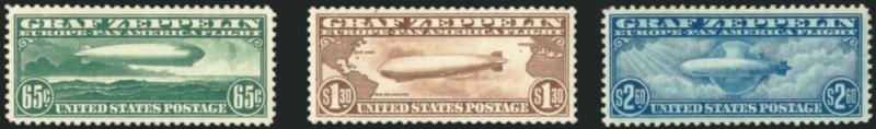 65c-$2.60 Graf Zeppelin (C13-C15).> 65c Mint N.H. (heavy gum crease), $1.30 unused (regummed, crease), $2.60 somewhat disturbed original gum, Very Fine-Extremely Fine appearance