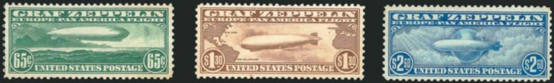 65c-$2.60 Graf Zeppelin (C13-C15).> Unused (no gum), 65c thin spots, $1.30 wrinkle, tiny edge flaw and light toning, Very Fine-Extremely Fine appearance, Scott Retail as original gum