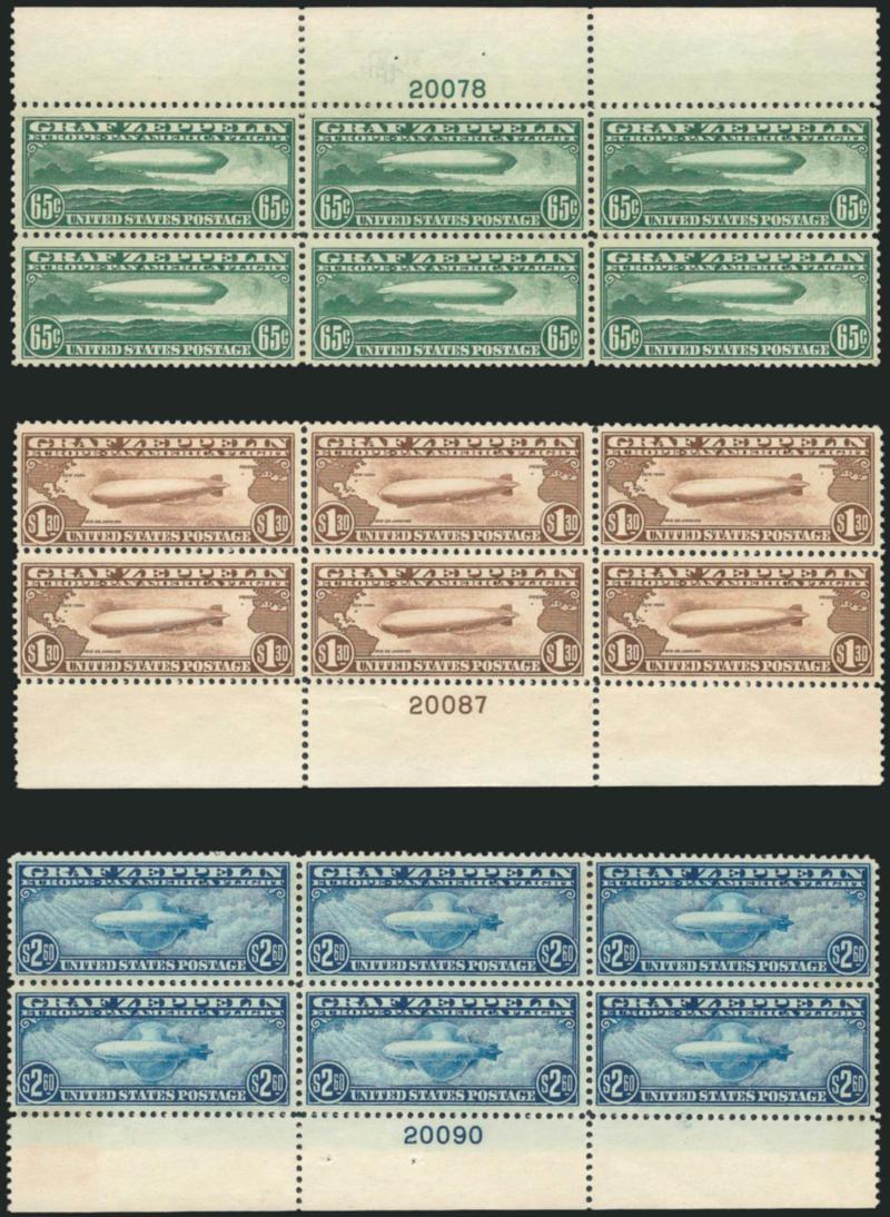 65c-$2.60 Graf Zeppelin (C13-C15).> Plate no. blocks of six, 65c top (regummed), $1.30 and $2.60 bottom, bright colors, $1.30 small closed tear in selvage at center<><>^FINE-VERY FINE. AN ATTRACTIVE SET OF
PLATE BLOCKS OF SIX OF THE GRAF ZEPPELIN I
