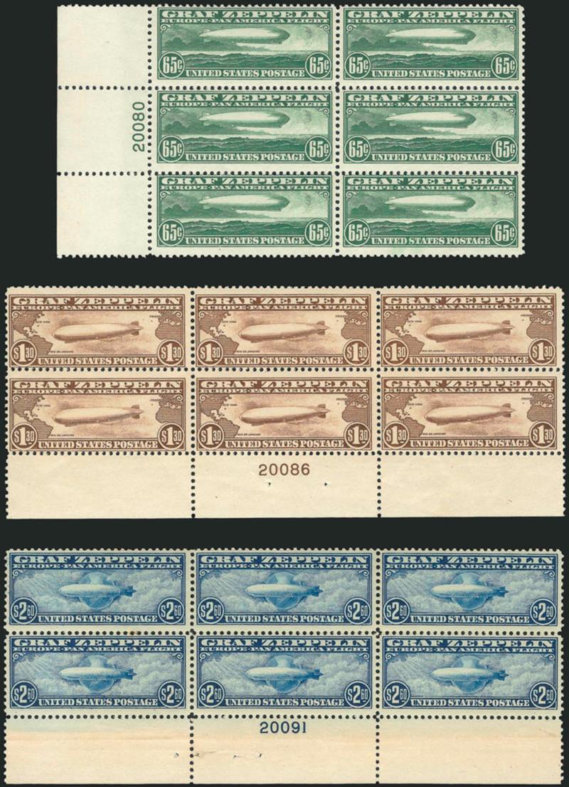 65c-$2.60 Graf Zeppelin (C13-C15).> Plate no. blocks of six, first two Mint N.H., $1.30 minor natural gum skips and some light gum creases, $2.60 small thin spot in bottom margin of pos. 1, most perfs close to
just barely in on a few, overall Fine se