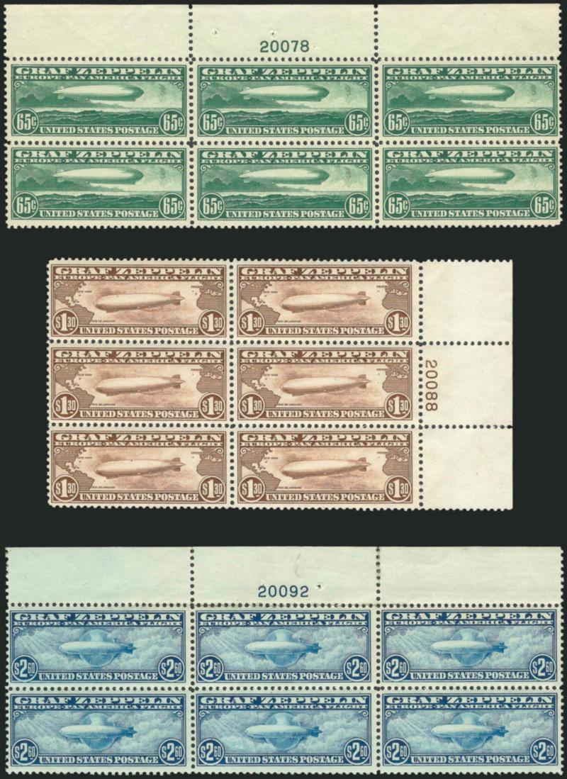 65c-$2.60 Graf Zeppelin (C13-C15).> Mint N.H. top, right and top plate no. blocks of six respectively, 65c some small natural gum skips and small wrinkle, $2.60 selvage separations reinforced with colodion or
some other type of glue, closed selvage t