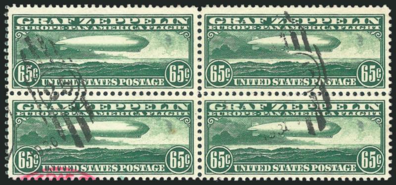 65c Graf Zeppelin (C13).> Block of four, oval numeral grid cancels and traces of 1930 circular datestamps, also small bit of red cachet at bottom of bottom left stamp which also has a small oily translucency,
otherwise Very Fine