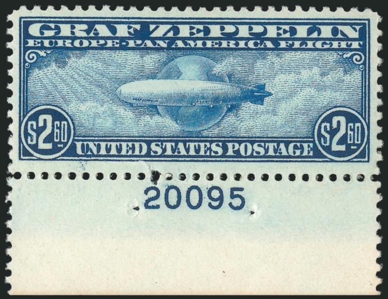 $2.60 Graf Zeppelin (C15).> Mint N.H. with bottom plate no. 20095 selvage, small natural gum skips, small margin tear at bottom below D and S of United States, otherwise Very Fine, also incl. seldom-offered
Panelli Engraved Forgery