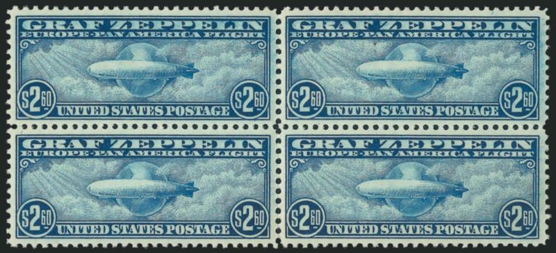 $2.60 Graf Zeppelin (C15).> Mint N.H. block of four, rich color, well-balanced margins, bottom right stamp light natural gum bend<><>^VERY FINE-EXTREMELY FINE MINT NEVER-HINGED BLOCK OF FOUR OF THE $2.60 GRAF
ZEPPELIN.^<><>Scott Retail as singles