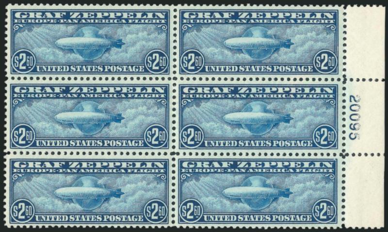 $2.60 Graf Zeppelin (C15).> Mint N.H. right plate no. 20095 block of six with narrow selvage, deep rich color and proof-like impression on bright paper<><>^VERY FINE-EXTREMELY FINE. A BEAUTIFUL MINT
NEVER-HINGED PLATE BLOCK OF THE $2.60 GRAF ZEPPEL