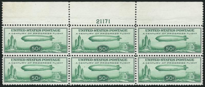 50c Chicago Zeppelin (C18).> Mint N.H. top plate no. 21171 block of six, Fine-Very Fine