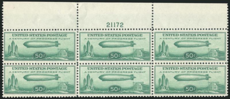 50c Chicago Zeppelin (C18).> Top plate no. 21172 bock of six, stamps Mint N.H., couple of perf separations sensibly reinforced in selvage, Very Fine, Scott Retail as hinged