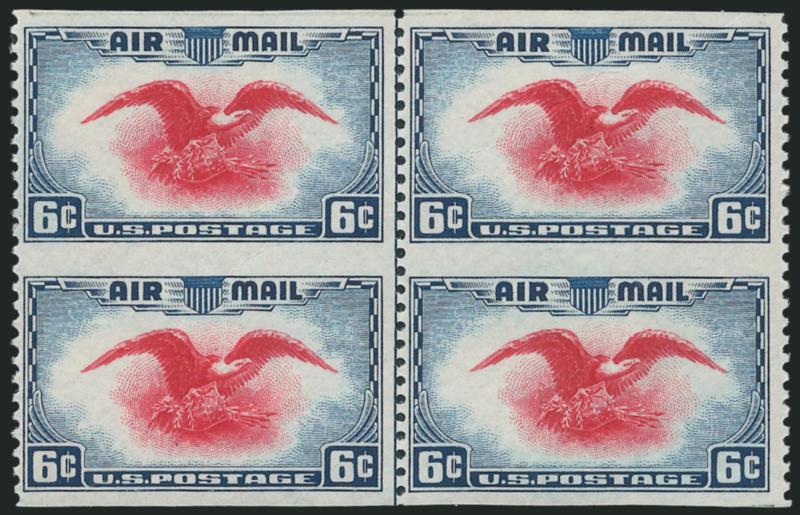 6c Dark Blue & Carmine, Vertical Pair, Imperforate Horizontally (C23a).> Block of four and pair with selvage at bottom, the block with natural gum creases, pair with short perf on top stamp, otherwise Very
Fine, Scott Retail as singles