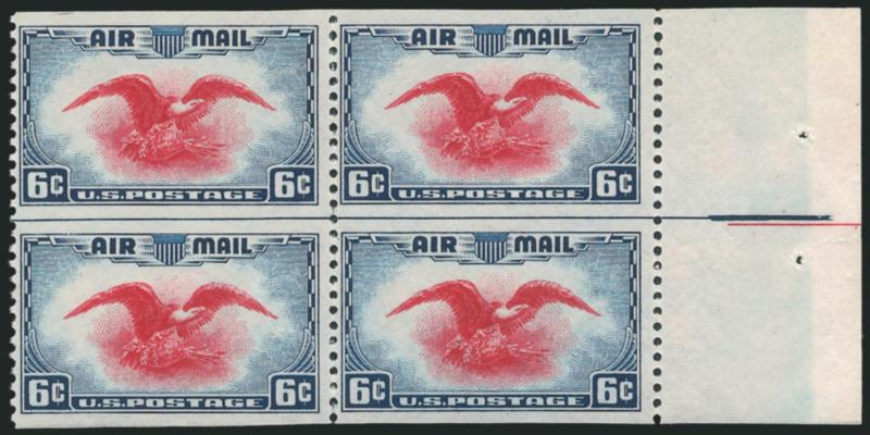 6c Dark Blue & Carmine, Vertical Pair, Imperforate Horizontally (C23a).> Block of four with selvage at right and pair with selvage at left, the block Mint N.H., rich colors, typical centering for this issue,
Very Fine, Scott Retail as pairs