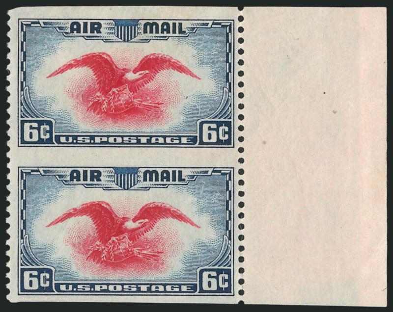 6c Dark Blue & Carmine, Vertical Pair, Imperforate Horizontally, Ultramarine Error of Color (C23a, C23c).> Mint N.H., latter incl. left selvage single (signed Bloch) and bottom arrow selvage block of four
(signed Bruechig), Fine-Very Fine