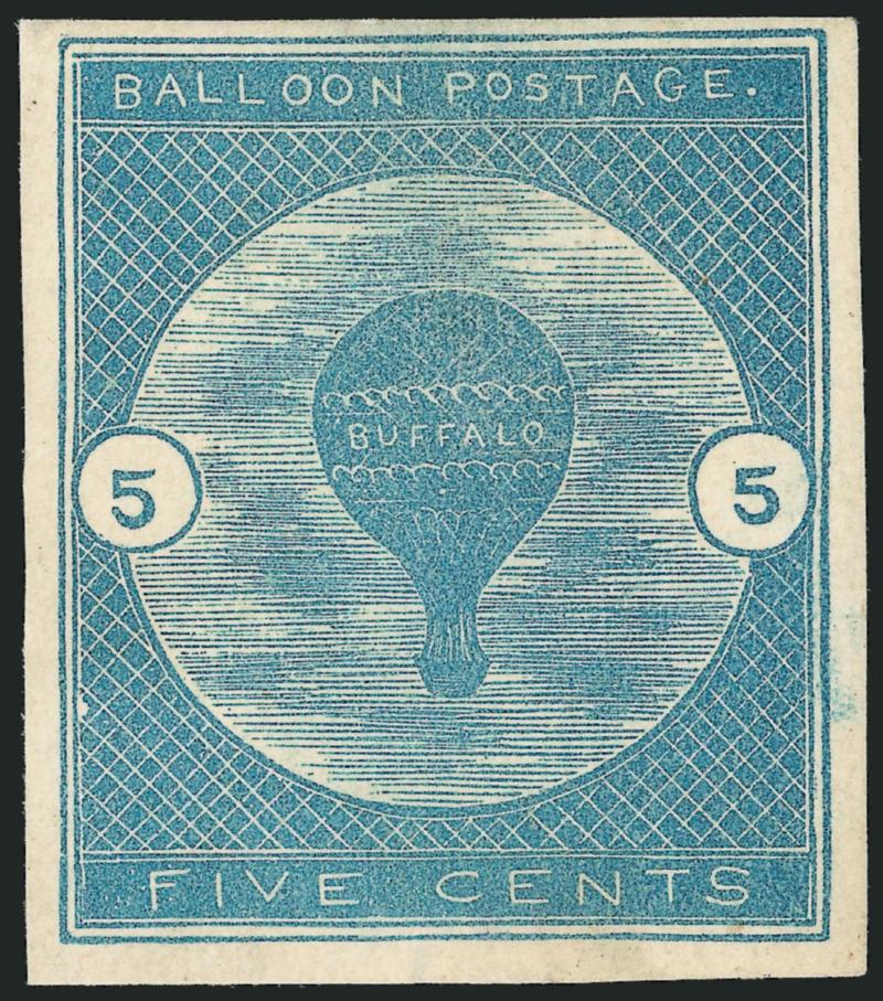 5c Deep Blue, Buffalo Balloon (CL1).> Unused (regummed), large margins to full at top, rich color, small thin spots<><>^VERY FINE APPEARANCE. A HANDSOME EXAMPLE OF THE RARE <UFFALO BALLOON>> AIR POST
ISSUE.^<><>Red backstamp. With 2006 P.F. cer