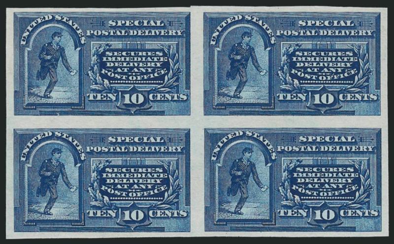10c 1885-1902 Special Delivery, Small Die Proofs and Plate Proofs on India and Card (E1P3-E3P3, E1P4-E3P4, E2P2, E6P2).> 41 plate proofs in various quantities, singles, four blocks of four and one block of
nine, one each of the small dies, both on sm