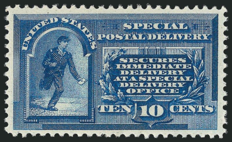 10c Blue, Special Delivery (E1).> Original gum, barely hinged, rich color, well-proportioned margins, Very Fine and choice, with 2004 P.S.E. certificate (OGph, VF-XF 85 SMQ $540.00)