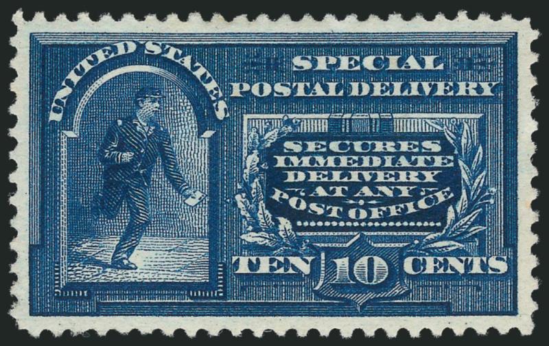 10c Blue, Special Delivery (E4).> Original gum, lightly hinged, flawlessly centered, beautiful color and impression<><>^EXTREMELY FINE GEM. OUTSTANDING EXAMPLE OF THE FIRST BUREAU UNWATERMARKED SPECIAL
DELIVERY.^<><>With 2010 P.S.E. certificate (