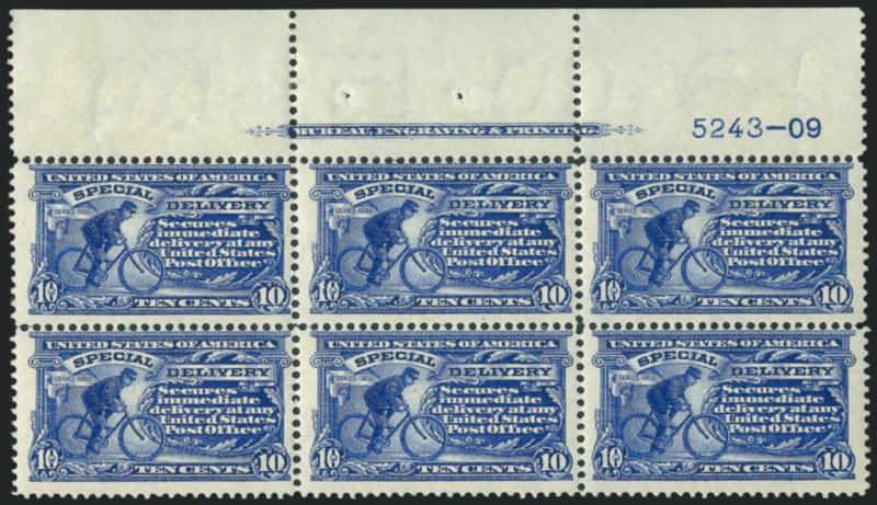 10c Ultramarine, Special Delivery (E6).> Top imprint and plate no. 5243-09 block of six (the scarce 1909 printing), slightly glazed original gum, marvelous deep rich color, Fine