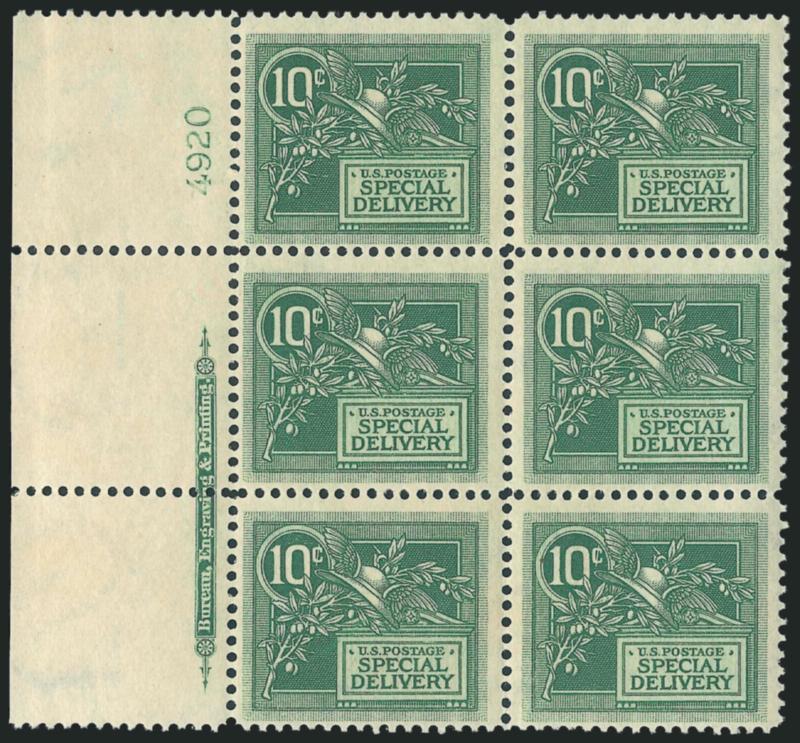 10c Green, Special Delivery (E7).> Mint N.H. wide left imprint and plate no. 4920 block of six, fresh and Fine