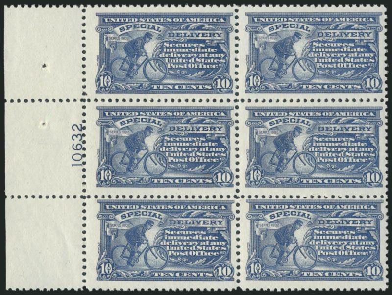 10c Ultramarine, Special Delivery (E11).> Top and left plate no. blocks of six, first plate no. 8507 and lightly hinged at top, second plate no. 10632 and Mint N.H., Fine-Very Fine, latter with 2006 P.F.
certificate