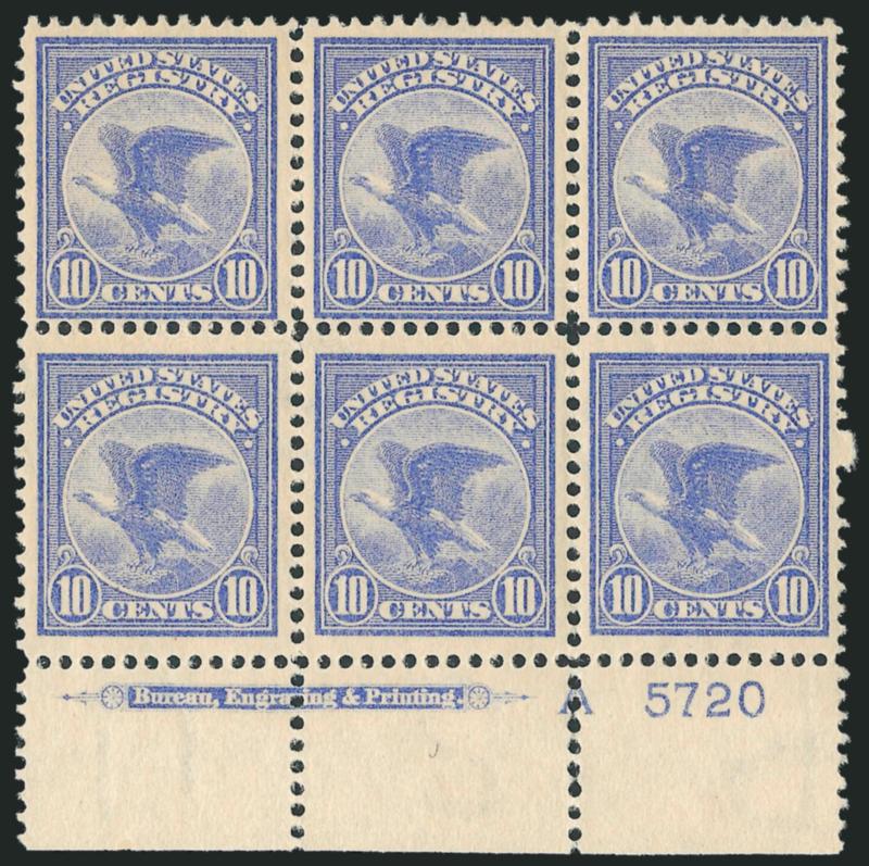 10c Ultramarine, Registration (F1).> Bottom imprint, plate no. 5720 and letter A block of six, five stamps Mint N.H., top center stamp single hinge mark, brilliant color, single unpunched perf at right,
Fine-Very Fine