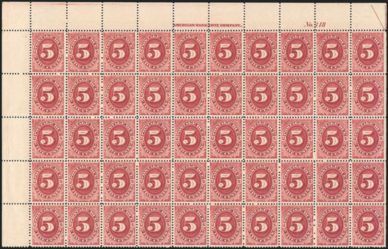 5c Bright Claret (J25).> Mint N.H. <half-pane of 50> with selvage at left and imprint and plate no. 318 at top, natural s.e. at right, brilliant color<><>^FINE-VERY FINE. A SCARCE HALF-PANE OF 50 OF THE 1891
5-CENT BRIGHT CLARET POSTAGE DUE ISSUE.^