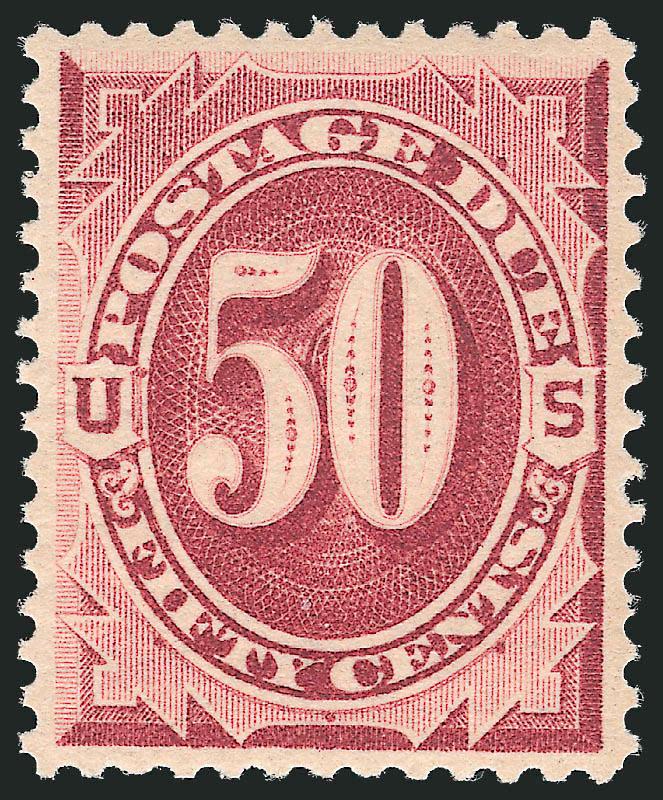 50c Bright Claret (J28).> Mint N.H., intense shade on crisp paper, long and full perforations, well-proportioned margins, fresh and Extremely Fine, with 2007 P.S.E. certificate (XF 90 SMQ $2,400.00), only five
have graded higher to date
