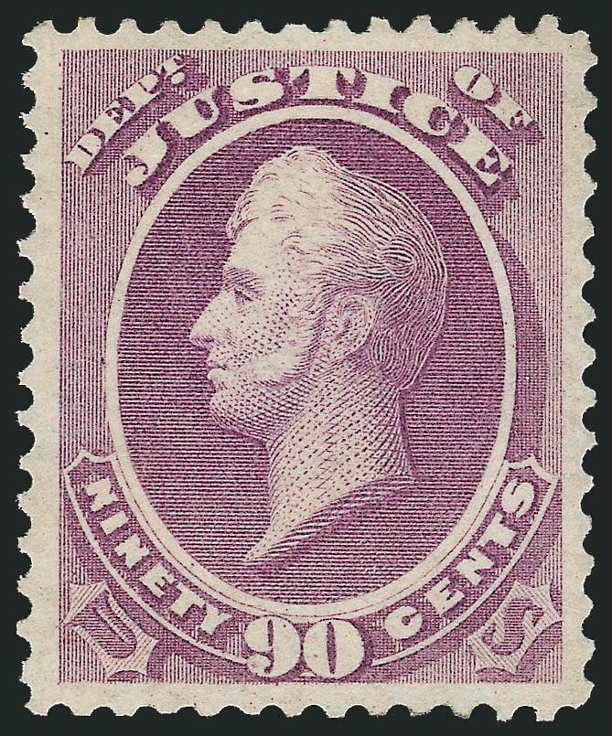 90c Justice (O34).> Original gum, wide margins and almost perfectly centered, reperfed at right, Extremely Fine appearance, with 1996 P.F. certificate that does not mention the reperfing and 2009 P.F.
certificate that does