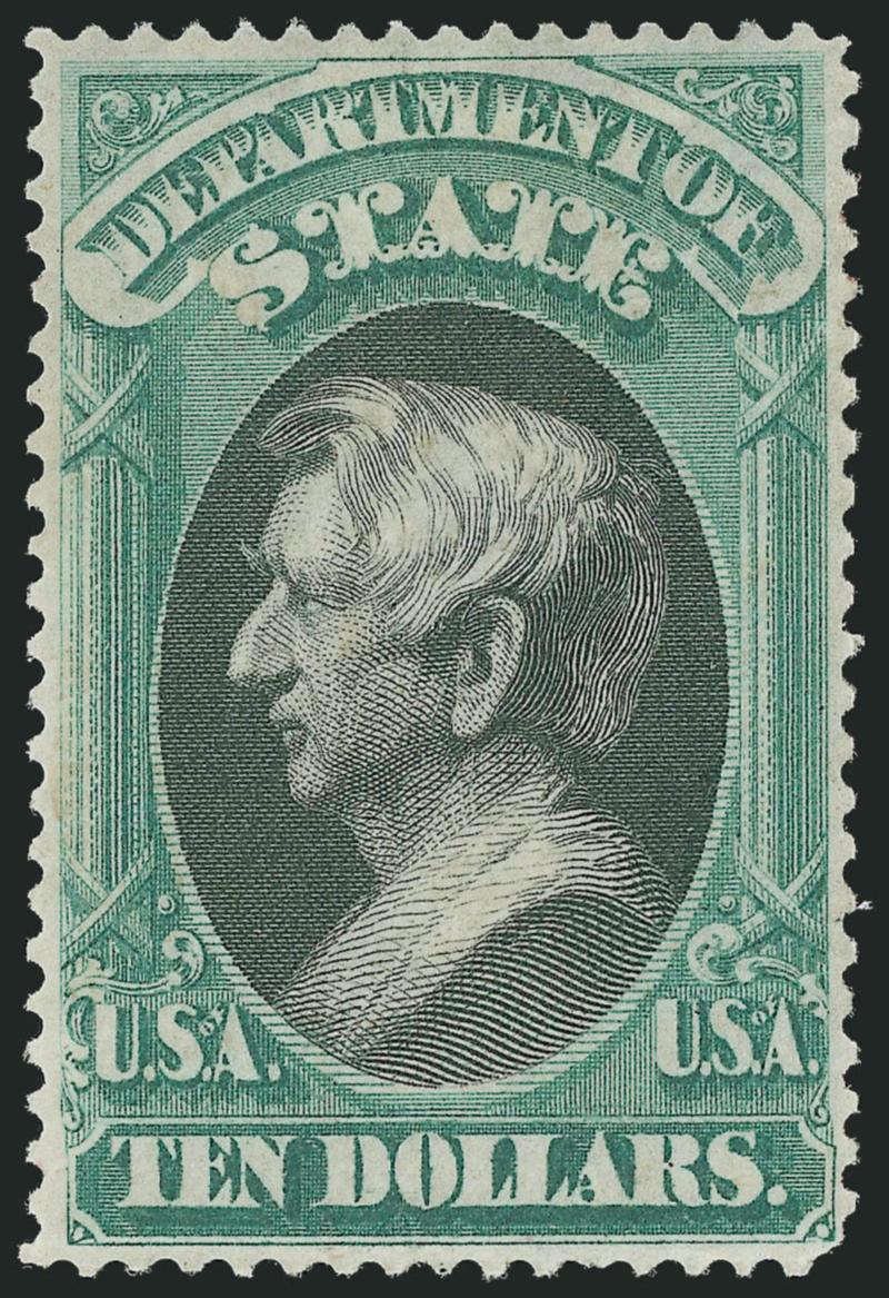 $10.00 State (O70).> Large part original gum, h.r., precise centering, fresh colors, tiny stained spots of little consequence and blunted corner perf, otherwise Very Fine