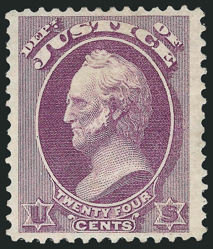24c Justice (O32).> Exceptionally well-centered with unusually wide side margins, lovely pastel color on crisp paper, gum disturbed from hinge removal, Very Fine and choice