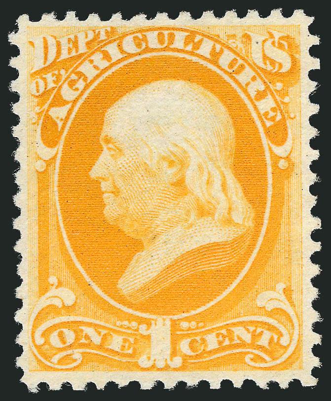 1c Agriculture, Soft Paper (O94).> Without gum as issued, completely sound and almost perfectly centered, magnificent glowing color<><>^VERY FINE AND CHOICE. UNQUESTIONABLY ONE OF THE FINEST EXISTING EXAMPLES
OF THE ONE-CENT AGRICULTURE ON SOFT PAP