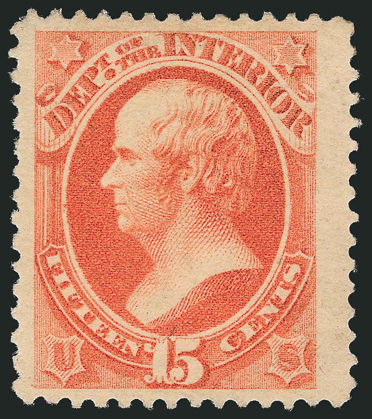 15c Interior, Soft Paper (O102).> Original gum, wide to Jumbo margins, classic pastel color of the Soft Paper printing, Very Fine and choice, this is the highest graded example of this extremely difficult
issue, with 2010 P.S.E. certificate (OGph, VF