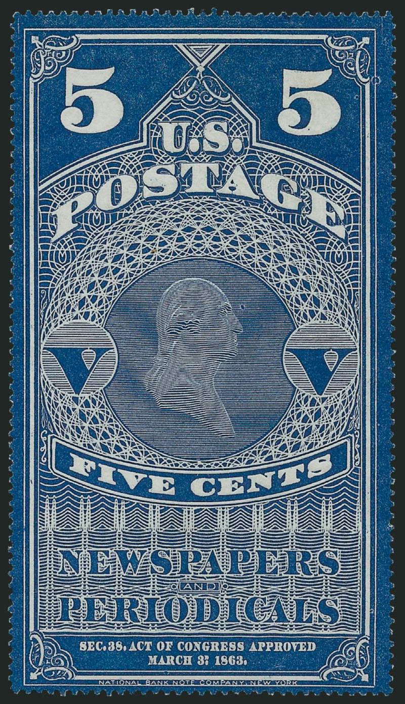 5c Dark Blue, Colored Border (PR1).> Without gum as issued, crisp and bright, lovely rich color, Very Fine